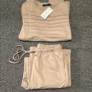 NWT Automet Tan Women's Wide Leg Pants L & Crewneck Top S Set